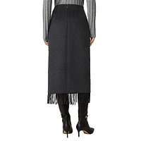 Jupe midi droite avec franges et bouton