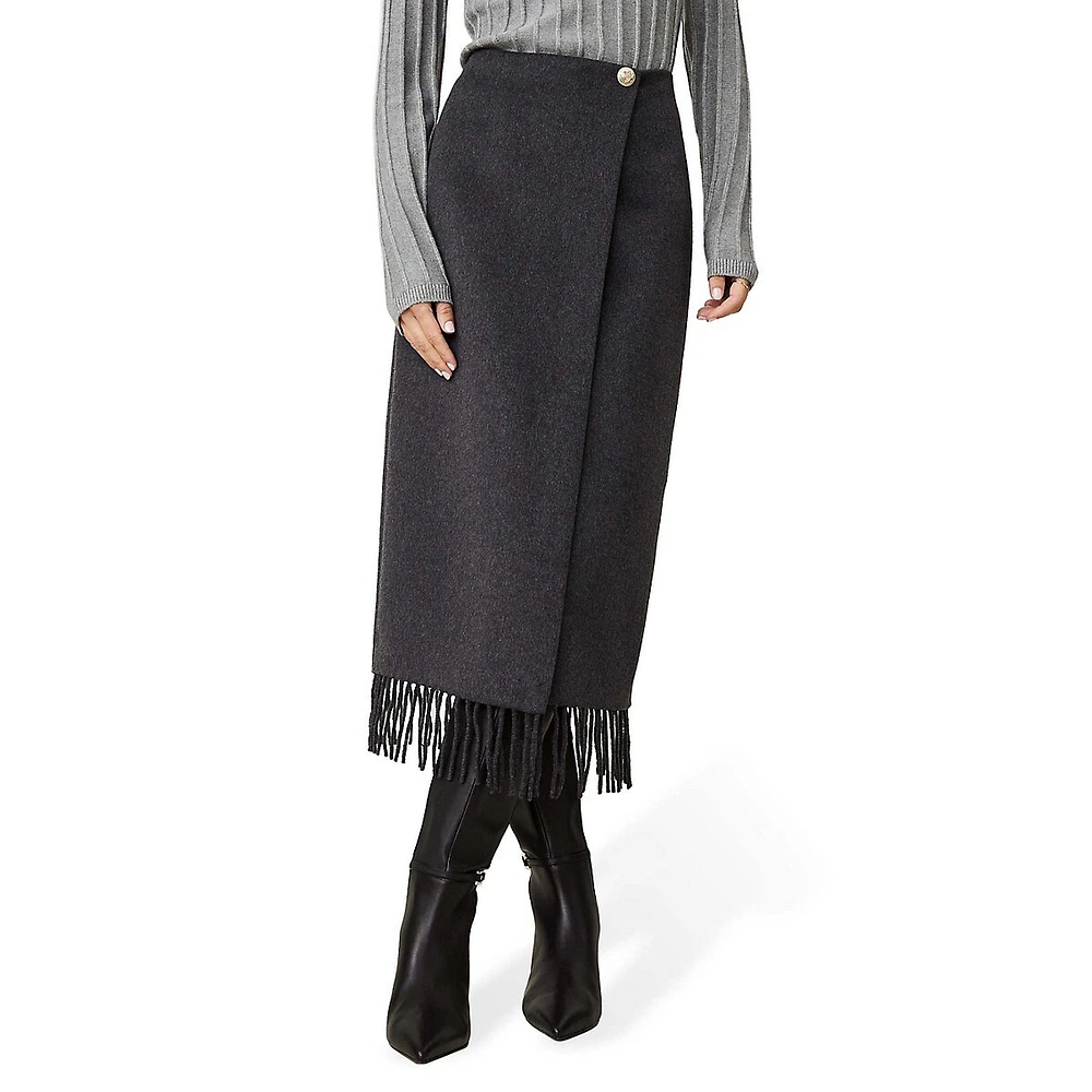 Jupe midi droite avec franges et bouton
