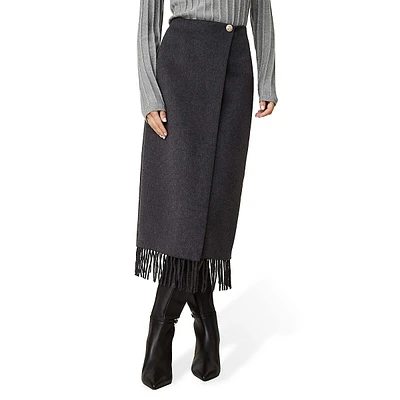Jupe midi droite avec franges et bouton