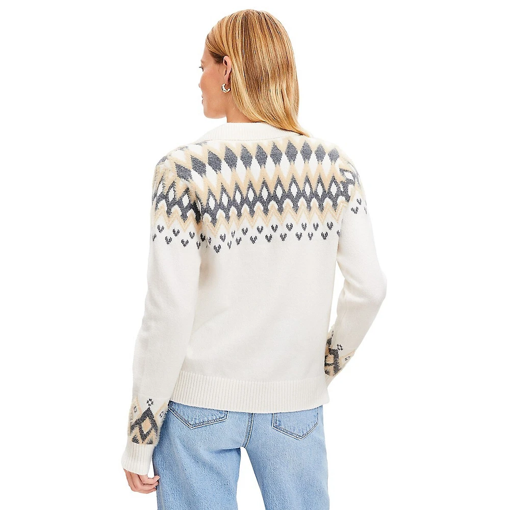 Fair Isle Collared Split Neck Sweater