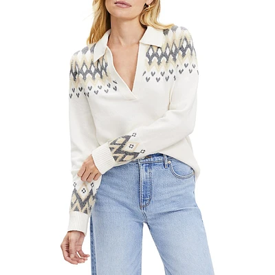 Fair Isle Collared Split Neck Sweater