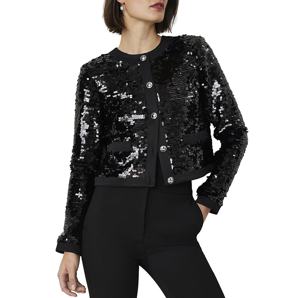 Sequin Roundneck Long-Sleeve Cropped Jacket