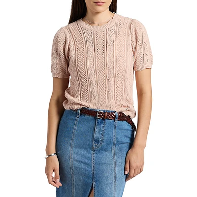 Posey Crochet-Knit Short-Sleeve Sweater