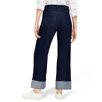 Pintucked Cuffed High Rise Wide Leg Crop Jeans