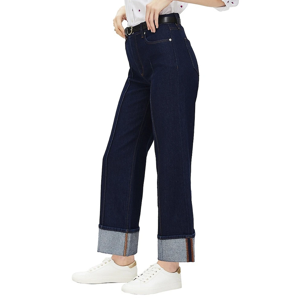 Pintucked Cuffed High Rise Wide Leg Crop Jeans