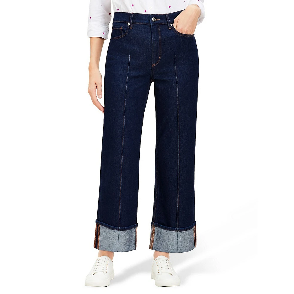 Pintucked Cuffed High Rise Wide Leg Crop Jeans