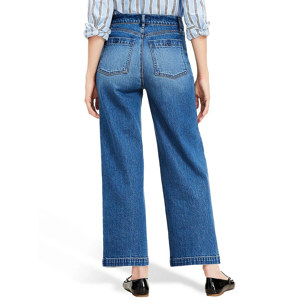 Jean court taille haute à jambe large Sailor en délavage indigo vintage