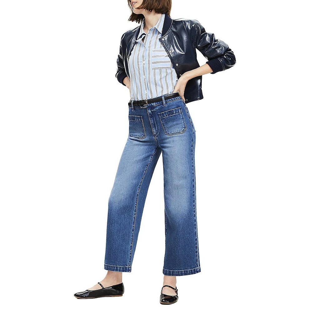 Jean court taille haute à jambe large Sailor en délavage indigo vintage