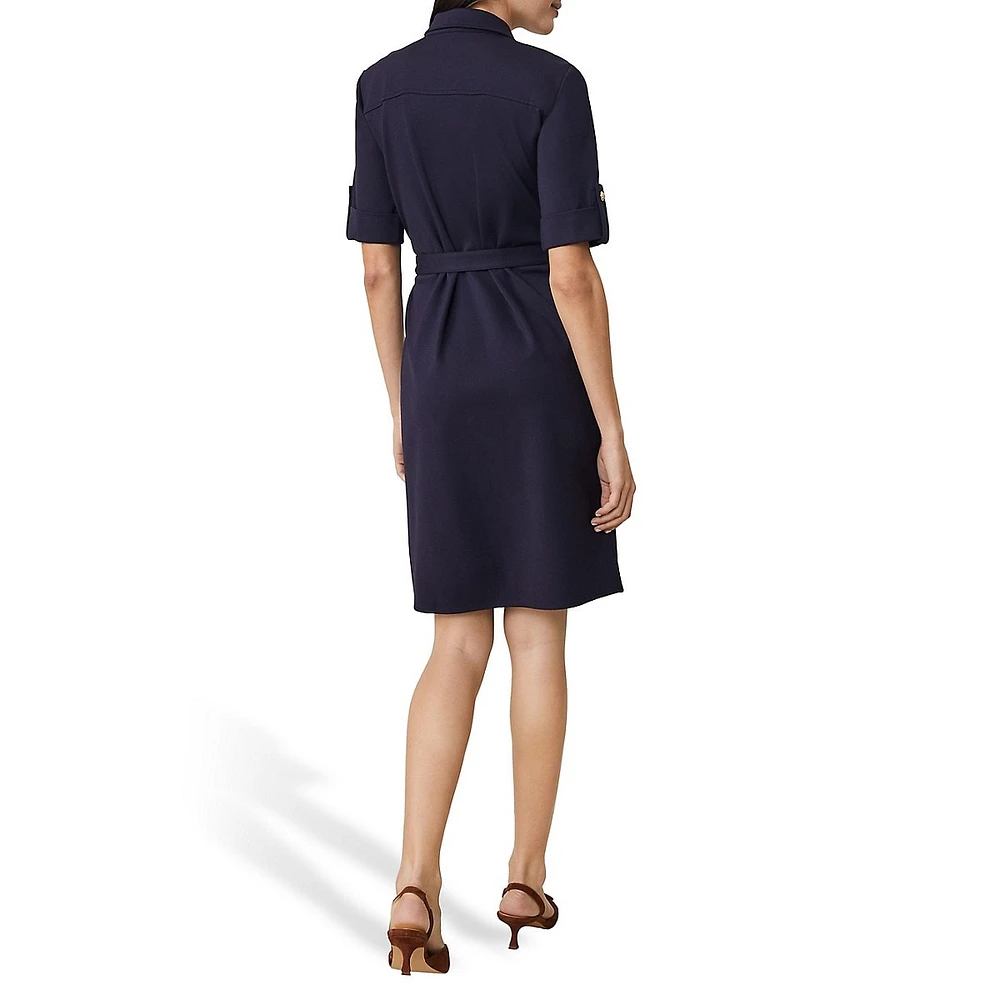 Short-Sleeve Flap-Pocket Stretch-Ponte Shirt Dress