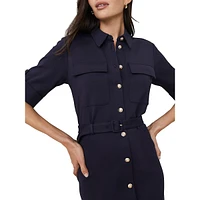 Short-Sleeve Flap-Pocket Stretch-Ponte Shirt Dress