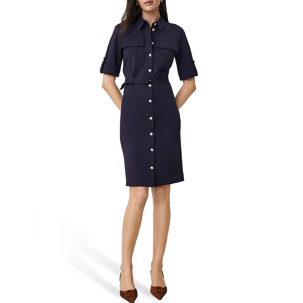 Short-Sleeve Flap-Pocket Stretch-Ponte Shirt Dress