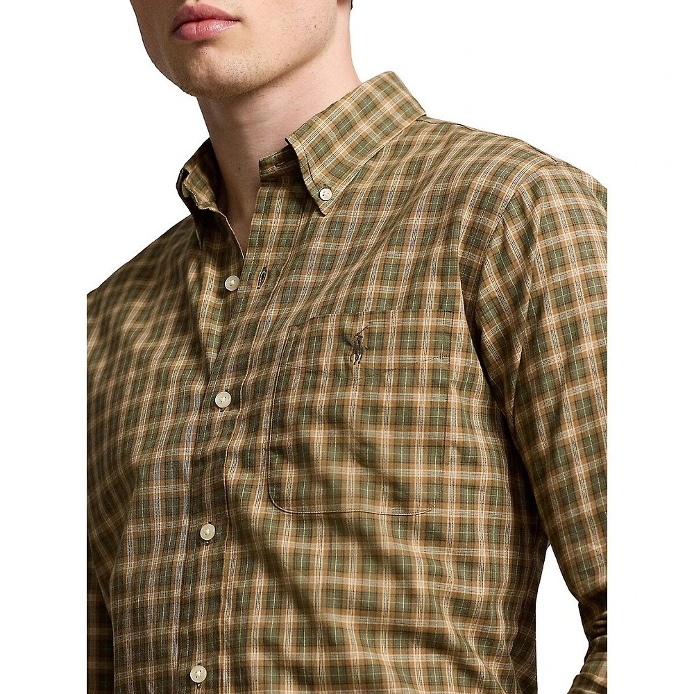 Classic-Fit Sanded Twill Plaid Pocket Shirt