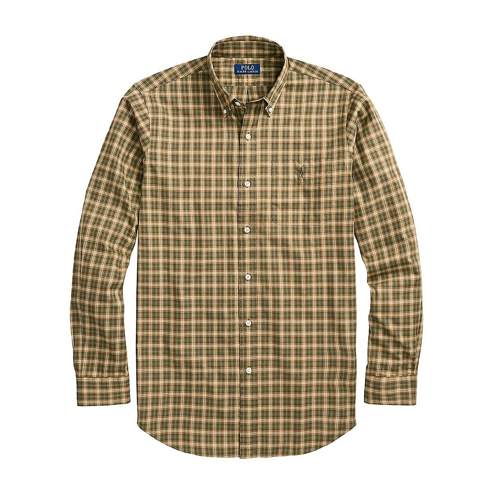 Classic-Fit Sanded Twill Plaid Pocket Shirt