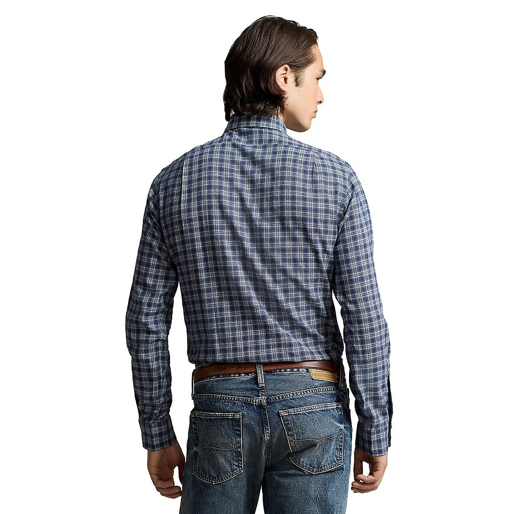 Classic-Fit Sanded Twill Plaid Spread-Collar Shirt