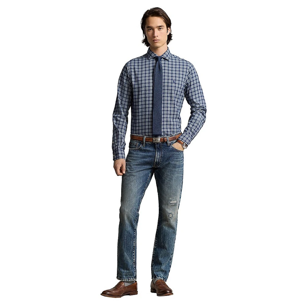 Classic-Fit Sanded Twill Plaid Spread-Collar Shirt