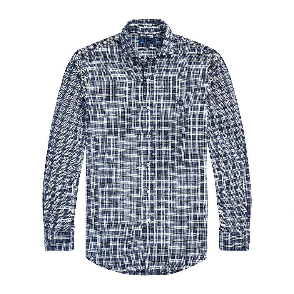 Classic-Fit Sanded Twill Plaid Spread-Collar Shirt