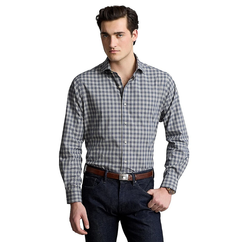 Classic-Fit Bi-Stretch Poplin Plaid Spread-Collar Shirt