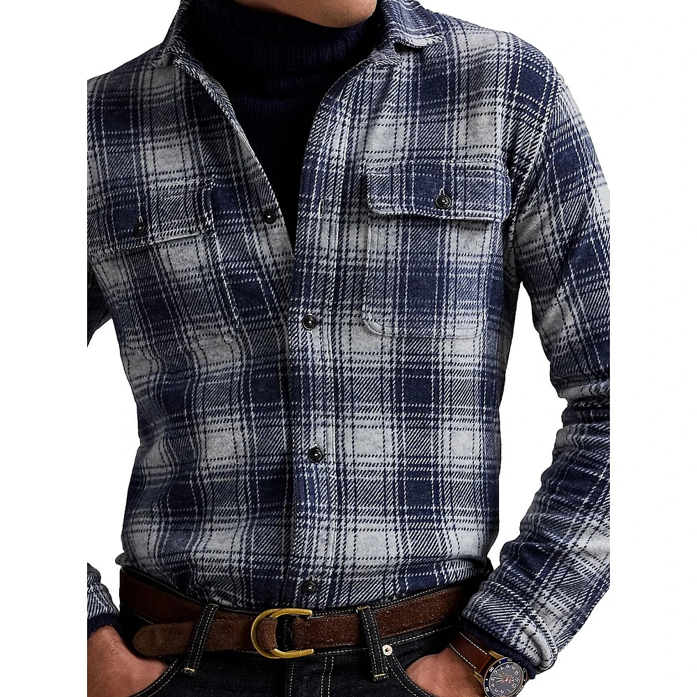 Classic-Fit Plaid Knit Flannel Workshirt