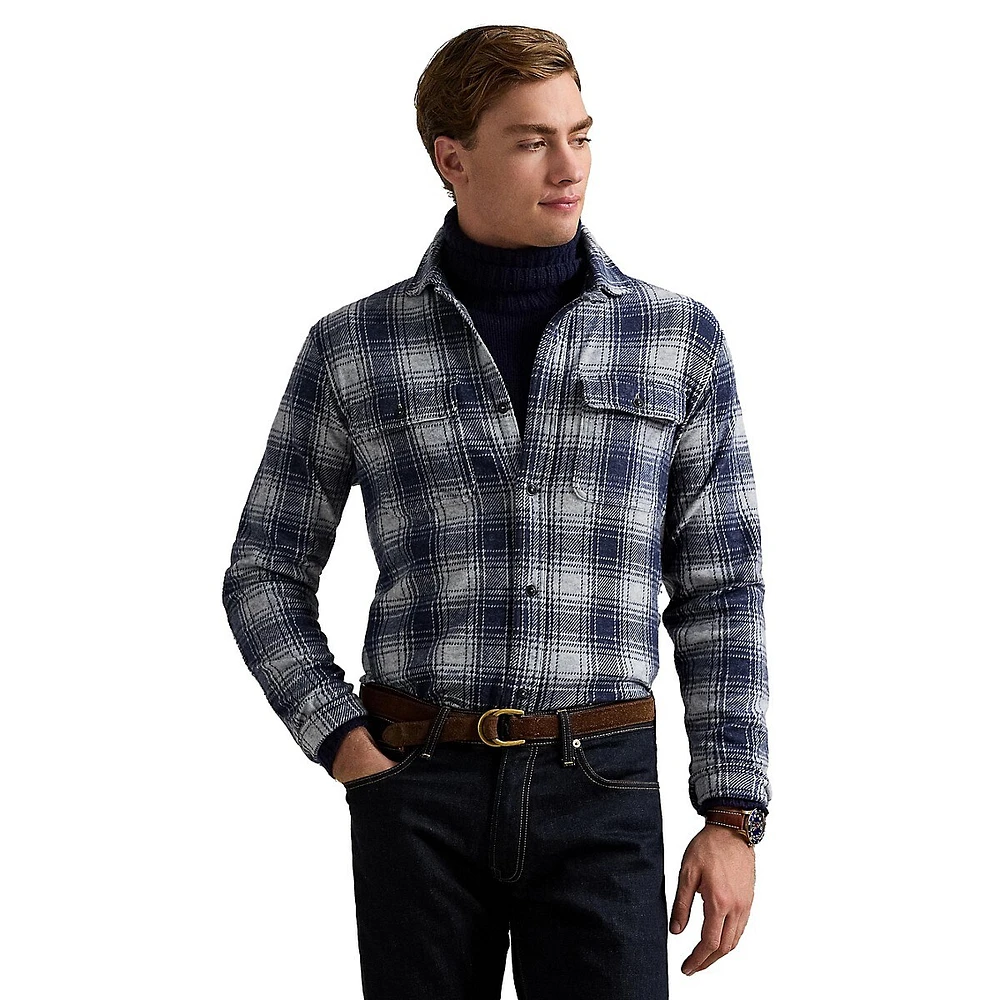 Classic-Fit Plaid Knit Flannel Workshirt