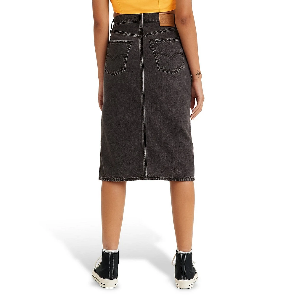 Side Slit Denim Skirt - Washed Noir Black