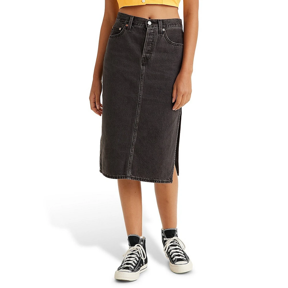 Side Slit Denim Skirt - Washed Noir Black