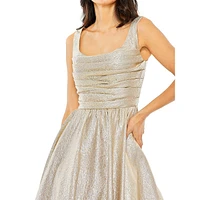 Ruched Metallic Squareneck A-Line Evening Dress