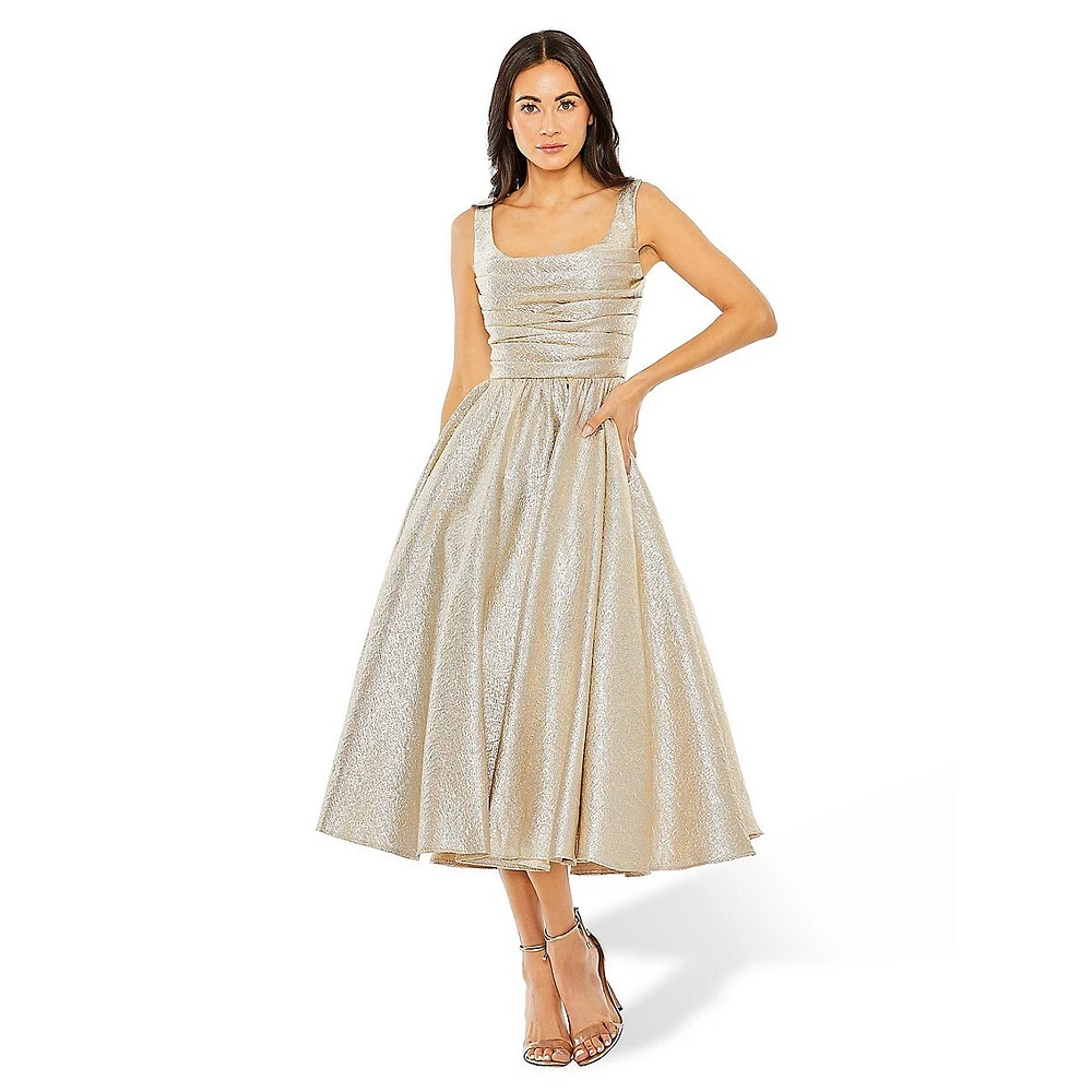 Ruched Metallic Squareneck A-Line Evening Dress