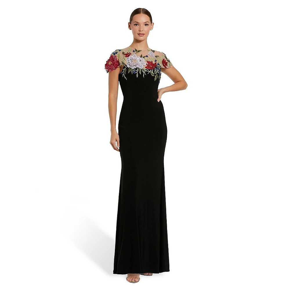 Floral Embellished Jersey Fitted Gown