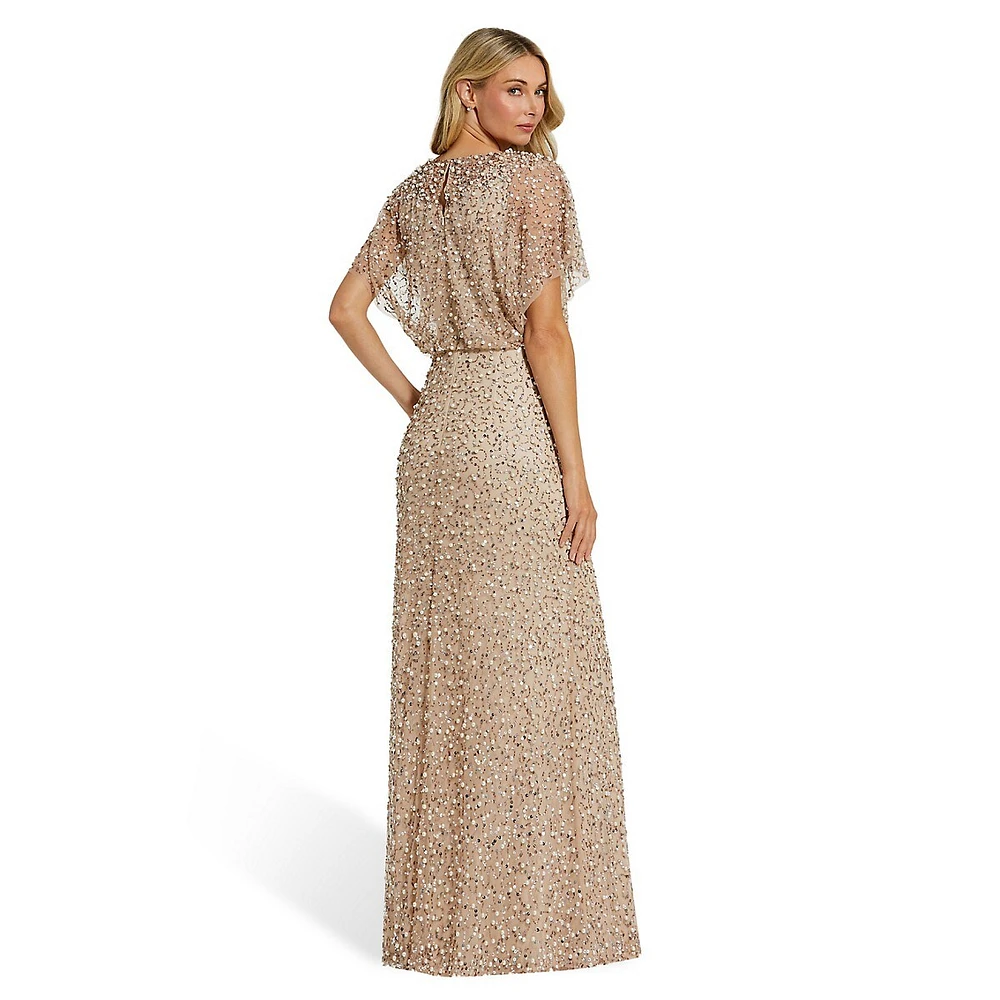 Beaded Mesh Blouson Gown With Shawl