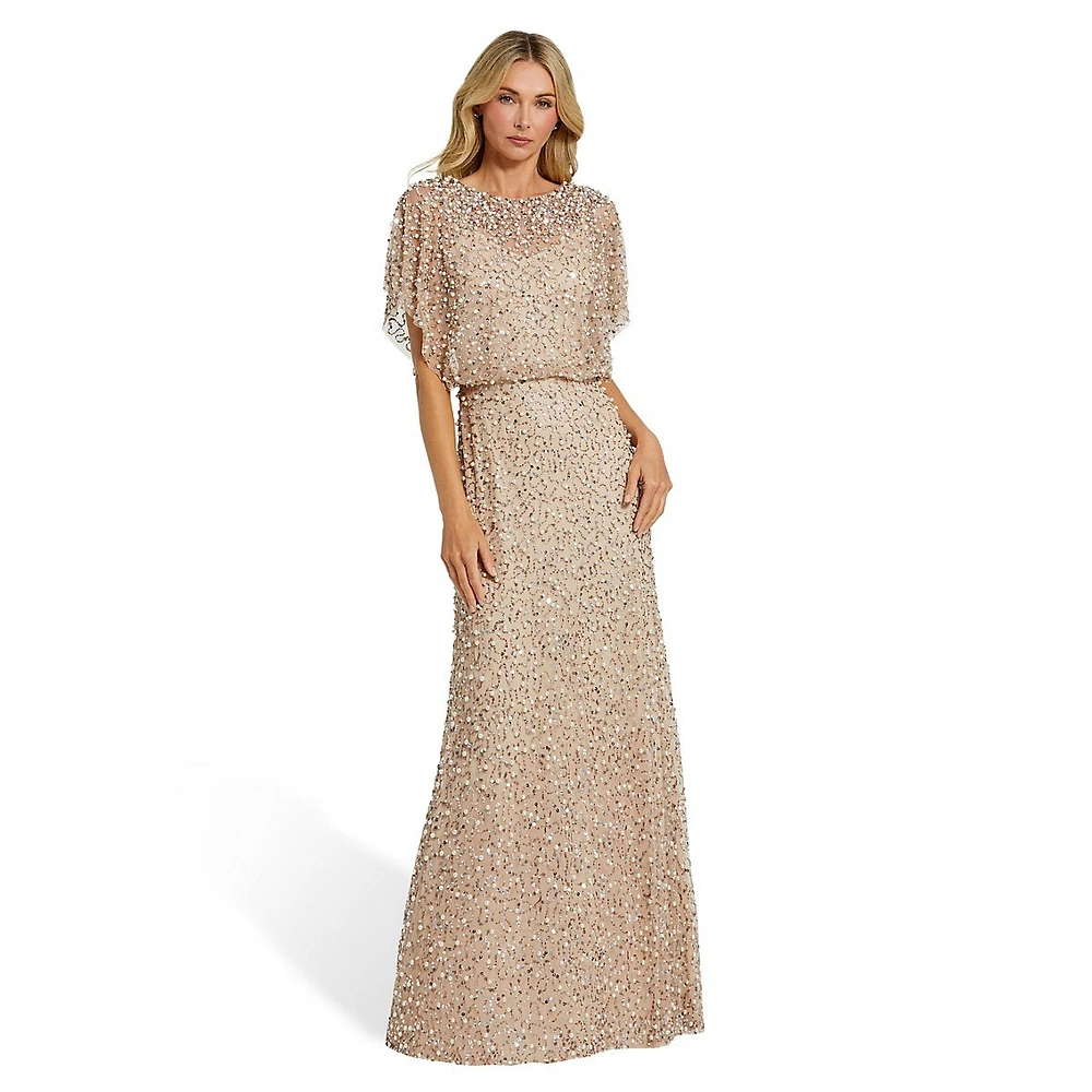 Beaded Mesh Blouson Gown With Shawl