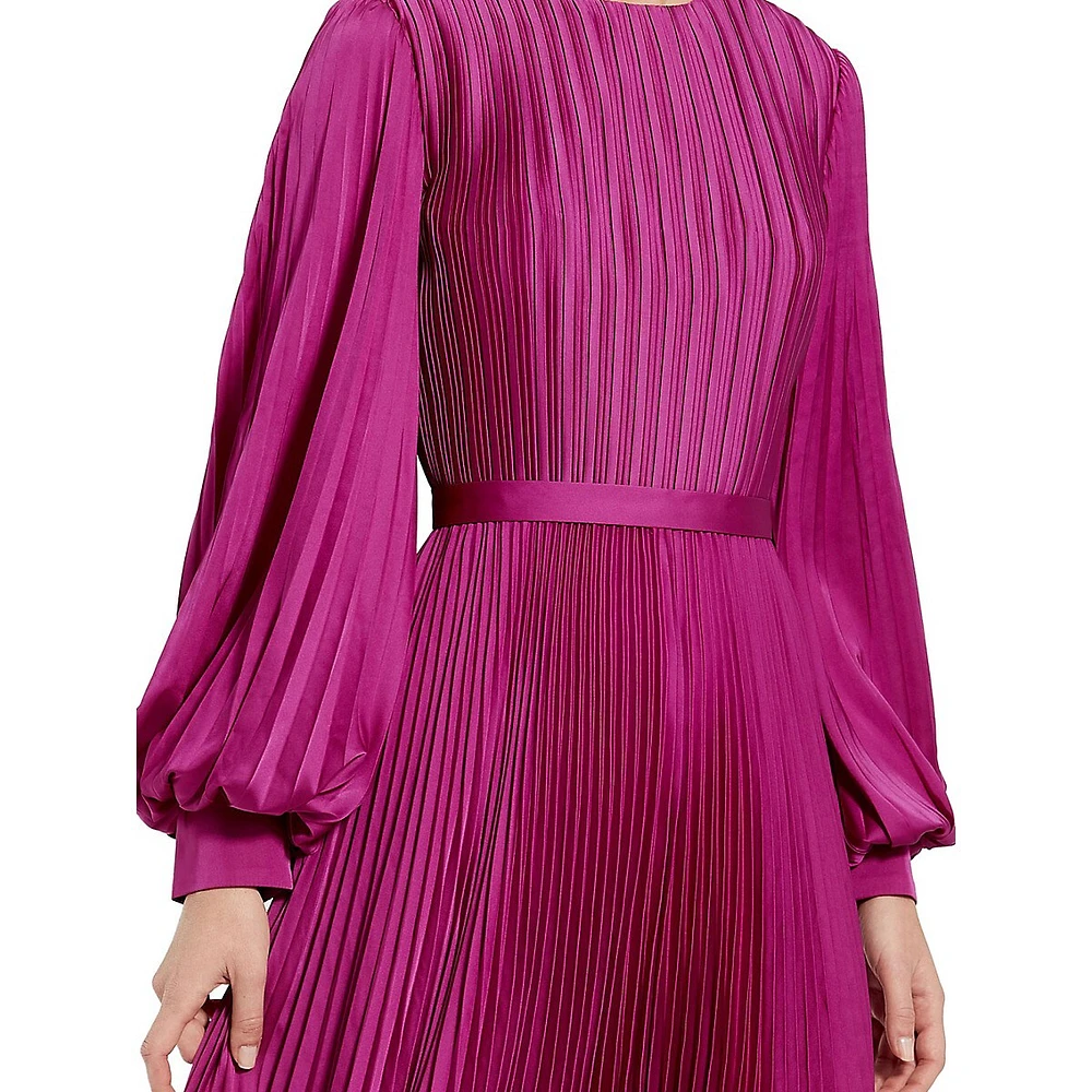 Long-Sleeve Pleated Handkerchief Evening Dress