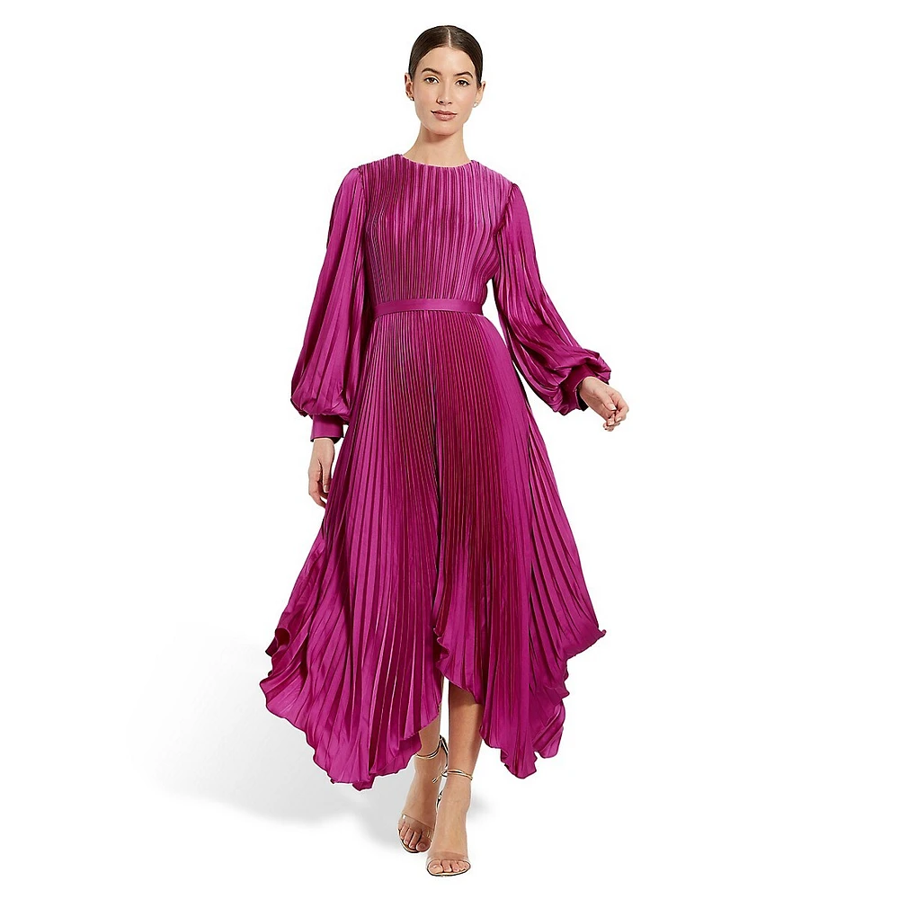 Long-Sleeve Pleated Handkerchief Evening Dress