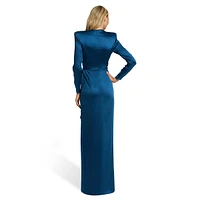 Long-Sleeve Structured-Shoulder Satin Maxi Gown