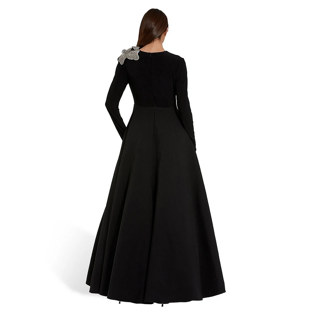 Robe de bal fleurie à manches longues en jersey et taffetas