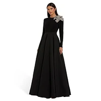 Robe de bal fleurie à manches longues en jersey et taffetas