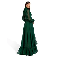 Long-Sleeve High-Low Flower Chiffon Gown