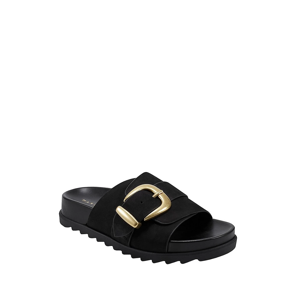 Hattie Buckle-Top Leather Slide Sandals