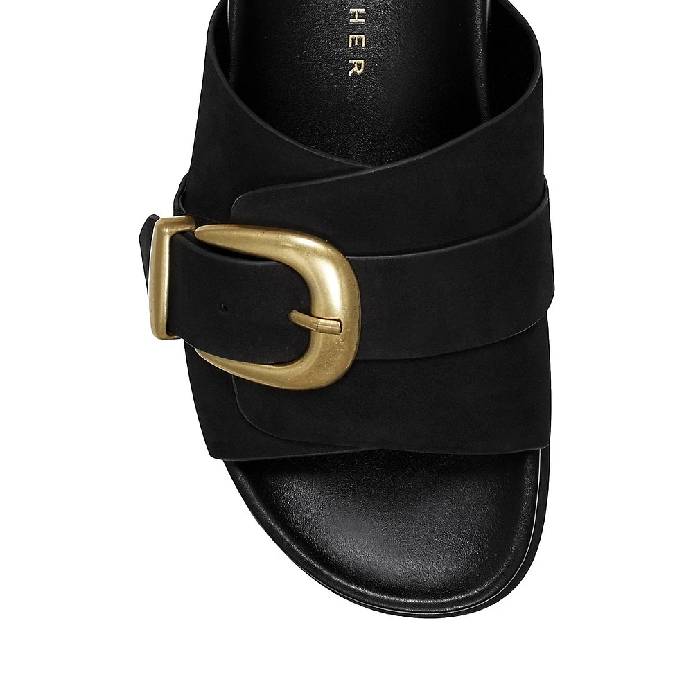 Hattie Buckle-Top Leather Slide Sandals