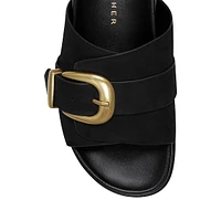 Hattie Buckle-Top Leather Slide Sandals