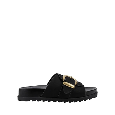 Hattie Buckle-Top Leather Slide Sandals