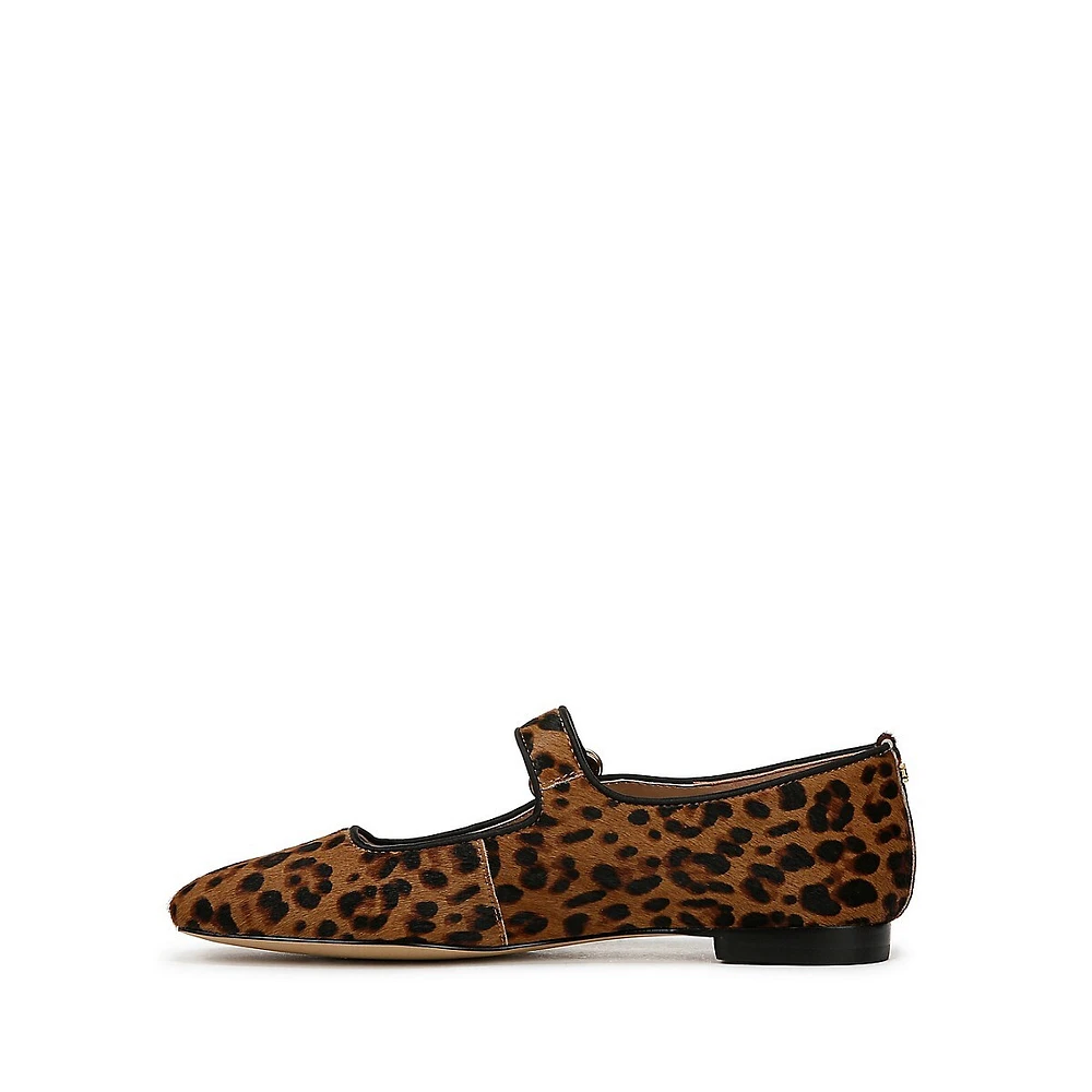 Michaela Leopard-Print Calf Hair Mary-Jane Flats