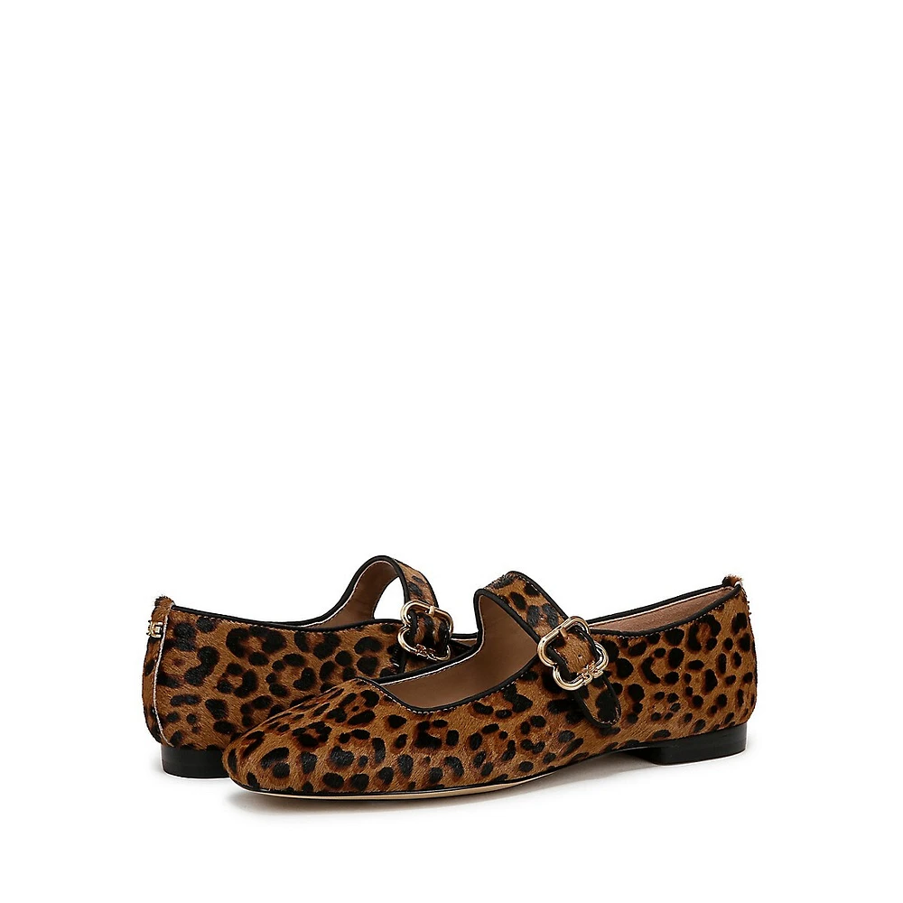 Michaela Leopard-Print Calf Hair Mary-Jane Flats