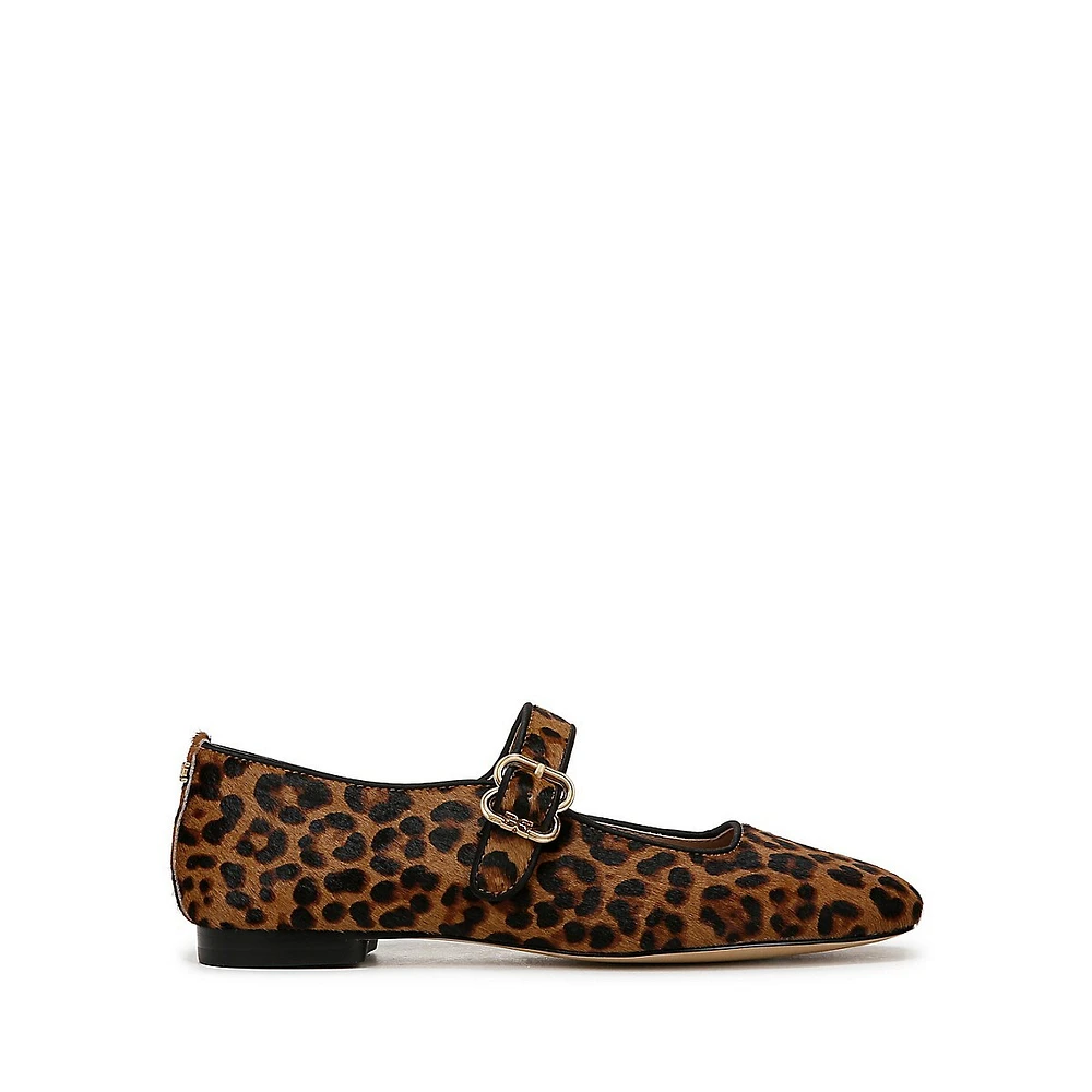 Michaela Leopard-Print Calf Hair Mary-Jane Flats