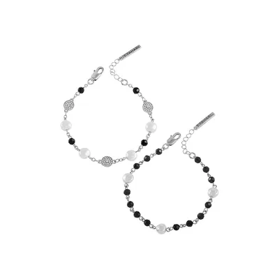 Silvertone, Faux Pearl & Crystal 2-Piece Line Bracelet Set