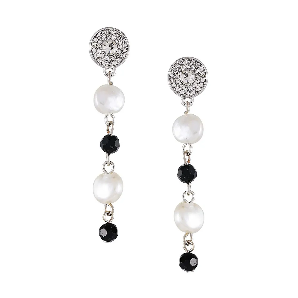 Silvertone, Faux Pearl, Crystal & Jet Stone Drop Earrings