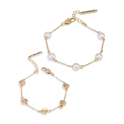 Posh Pearls Goldtone & Blush Faux Pearl 2-Piece Chain Bracelet Set