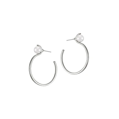 Silver Hoop With Blush Faux Pearl Earrings