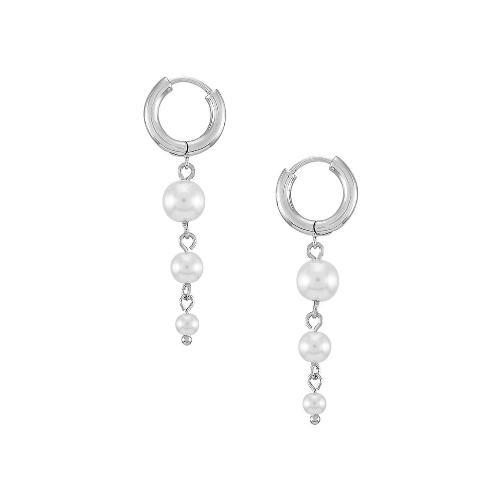 Silvertone Hoop With Blush Faux Pearl Drop Earrings