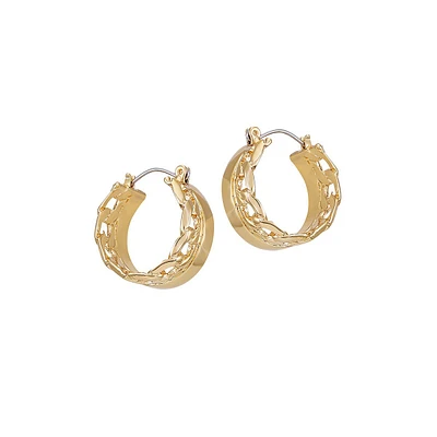 14K Goldplated Link-Detail & Smooth Hoop Earrings