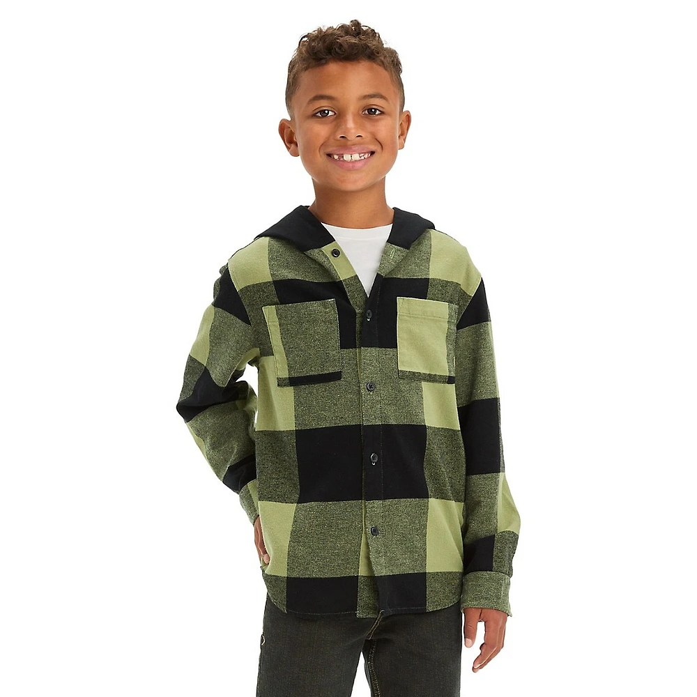 Boy's Plaid Flannel Long-Sleeve Hooded Shacket